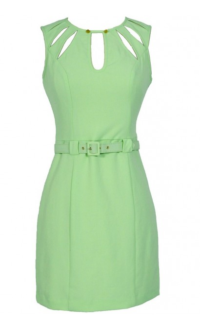 Key Lime Cutout Belted Designer Sheath Dress